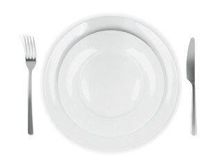 Two white round empty plates top view with fork and knife