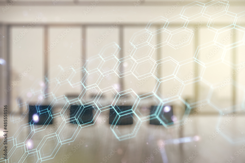 Poster double exposure of abstract virtual technology hologram with hexagon on a modern meeting room backgr