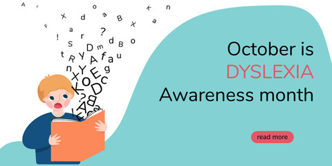 October is Dyslexia Awareness Month. Bemused boy looking at letters flying out of a book. Illustration for banner, landing page or poster. 