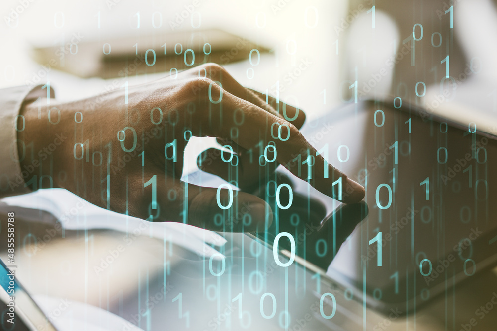 Aufkleber creative abstract binary code hologram and finger presses on a digital tablet on background, ai and 