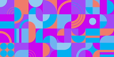 Geometric pattern design in Bauhaus or Mid-century style. Abstract seamless mosaic background with circles and squares in neon colors. Banner or cover for magasine, broshure. Vector illustration