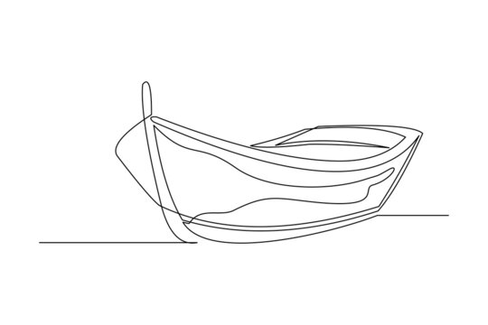 Continuous single one line drawing of wooden fishing canoe vector illustration