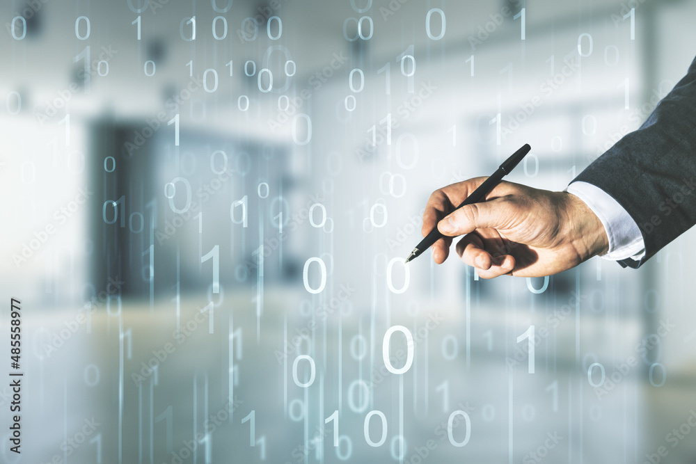 Poster man hand with pen working with abstract virtual binary code illustration on blurred office backgroun