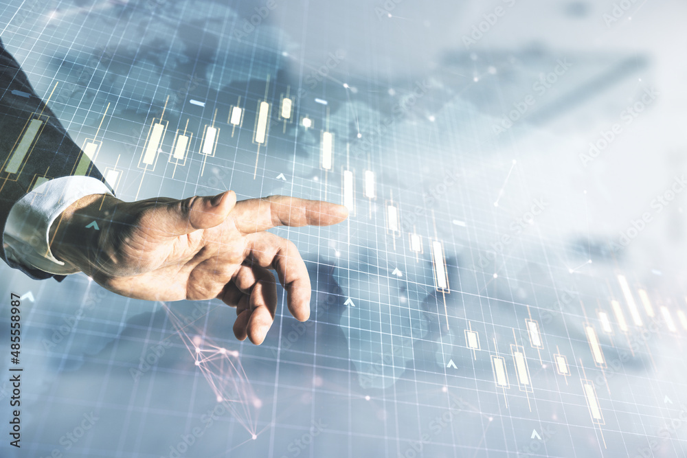 Poster multi exposure of trader hand presses on virtual abstract financial chart and world map on blurred o