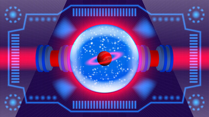 Abstract futuristic screen, glass transparent sphere, cosmos with red 3d planet Saturn inside. Bright glow of the reactor and infographics