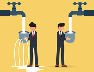 Contrast between business. Businessman and leaking bucket. Business Vector illustration. - obrazy, fototapety, plakaty