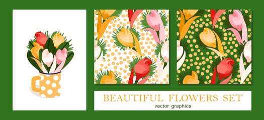 Colorful rich bouquet of flowers in a vase. Simple trendy graphics. Floral decoration set of bouquet and seamless patterns. Vector graphics
