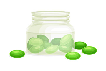 Spirulina dietary supplement in tablets. Healthy organic product, antioxidant superfood vector illustration