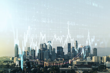 Fototapeta na wymiar Abstract virtual financial graph hologram on Los Angeles skyline background, forex and investment concept. Multiexposure