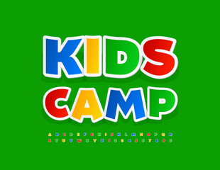 Vector bright Logo Kids Camp. Colorful Font for Kids. Modern Playful Alphabet Letters and Numbers
