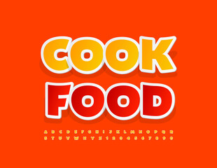 Vector bright banner Cook Food. Yellow sticker Font. Creatie paper Alphabet Letters and Numbers set