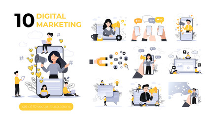 Set of Digital Marketing illustrations. Collection of scenes with men and women taking part in social media marketing business activities. Trendy vector style