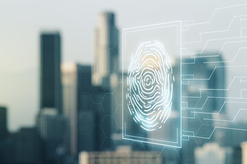 Multi exposure of virtual fingerprint scan interface on blurry office buildings background, digital access concept