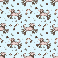 Seamless vintage pattern with funny dogs on roller skates.
