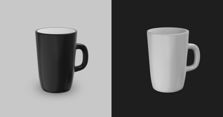Black and white mockup of ceramic mug. High quality 3d rendering. Empty and isolated. Ceramic mug in different views.