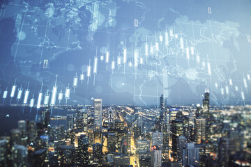Double exposure of abstract creative financial chart hologram and world map on Chicago city skyscrapers background, research and strategy concept