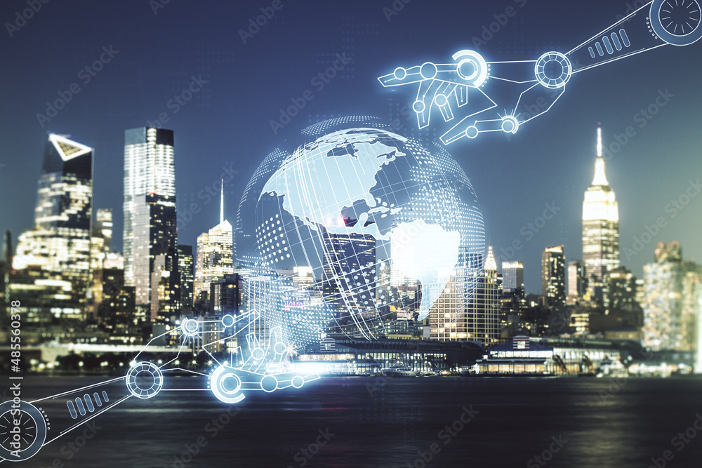Aufkleber abstract virtual robotics technology hologram with globe on new york cityscape background, artificia