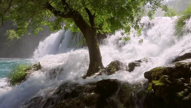 Skradinski buk the most popular waterfall in Krka National Park. Filmed in 4K video.