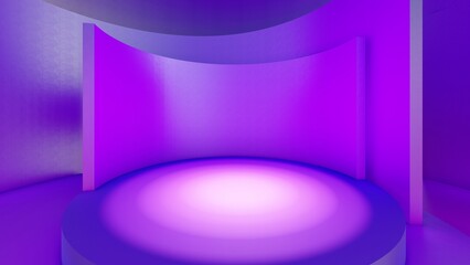 Interior background blue podium with curved walls 3d render