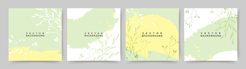 Spring green square backgrounds. Minimalistic style with floral elements and texture. Editable vector template for card, banner,  invitation, social media post, poster, mobile apps, web ads - obrazy, fototapety, plakaty
