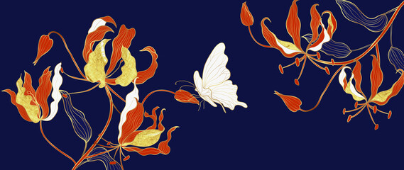 Naklejka premium Golden flame lily line art on dark blue background. Golden flame lily line art on dark blue background. Luxury hand drawn banner design with gold and red gloriosa lily, white butterfly and leaves. For