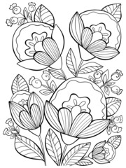 beautiful bouquet of flowers coloring on a white background isolate contour illustration black and white picture hand drawing doodle sketch vector for kids and adults postcard sketch poster print