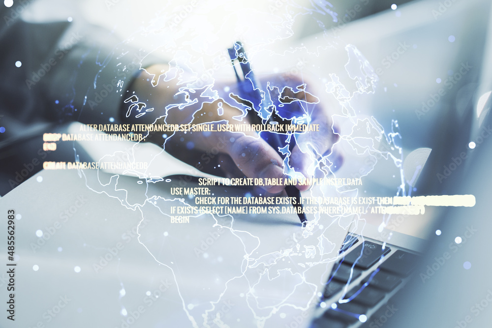 Poster abstract creative coding illustration with world map and hand writing in diary on background with la
