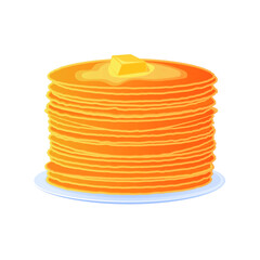 Thin pancakes stacked on a plate, with butter. Vector illustration, flat realistic cartoon design, isolated on white background, eps 10.