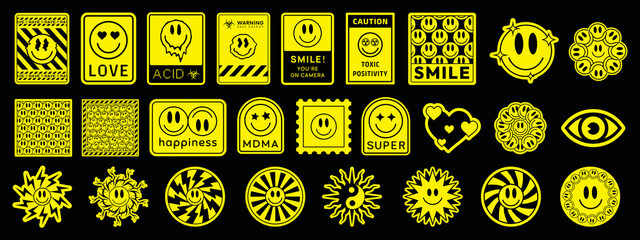 Collection of Trendy Smile Stickers. Set Of Cool Acid Style Badges. Rave Graphics. Emoticon patches. - obrazy, fototapety, plakaty