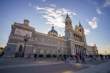 Almudena Cathedral in the city of Madrid during a sunny day with a clear sky