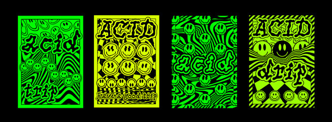 Set Of Abstract Acid Smile Art Posters. Collection of Cool Trippy Rave Placards. Vaporwave Optical Illusion Artwork.