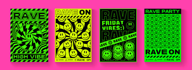 Set Of Trendy Rave On Abstract Posters. Cool Acid Techno Style Placards.