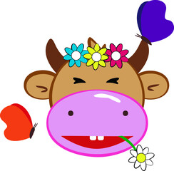 Cartoon cow in summer with flowers and flying butterflies