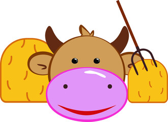 Cartoon cow icon with hay bale and pitchfork
