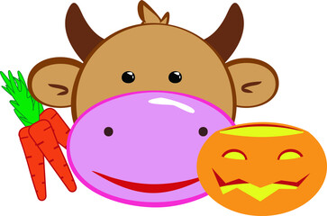 Cartoon cow in Halloween with carved pumpkin