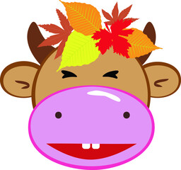 Cartoon cow with autumn leaves