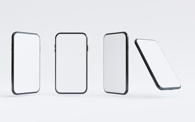 Smartphone mockup , Isolated of Three angles mobile phone with blank screen frame template on white background by 3d render.