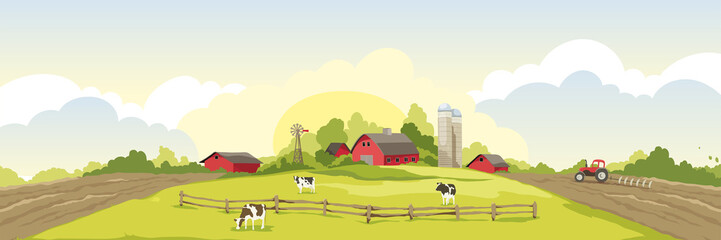 Spring rural landscape. Watercolor illustration, tractor plows a field, cows graze in the meadows.  © imagination13