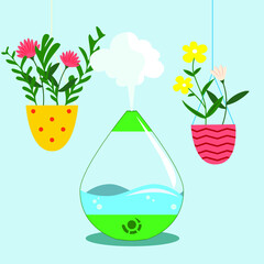 Air humidifier and flowers in pots