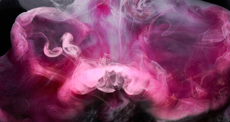 Pink smoke on black ink background, colorful fog, abstract swirling touch ocean sea, acrylic paint pigment underwater