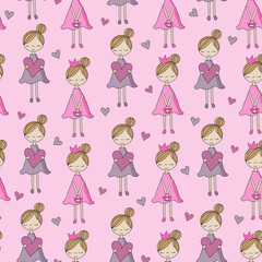 Little hand drawn girl and princess. Seamless pattern Good for wall paper, cover, wrapping paper, textle print, and other decoration.