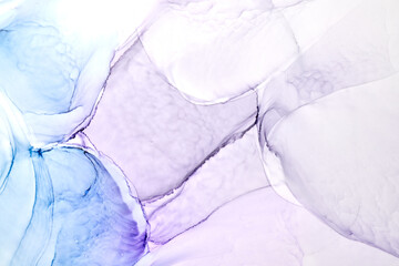 Abstract blue purple ink watercolor background, paint stains and spots in water, luxury fluid...