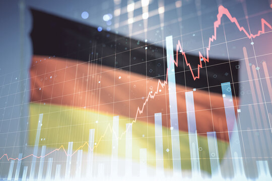 Double exposure of abstract creative financial chart hologram on German flag and blue sky background, research and strategy concept - Powered by Adobe