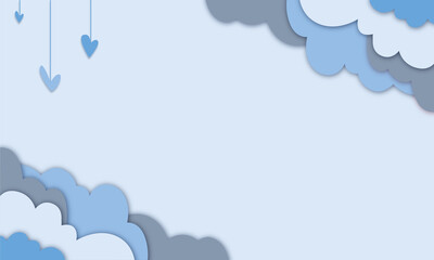 Hintergrund in Papierschnitt, Wolken und Herzen hängen von der Decke. Blau Banner, Freisteller. Valentinstag, Vatertag