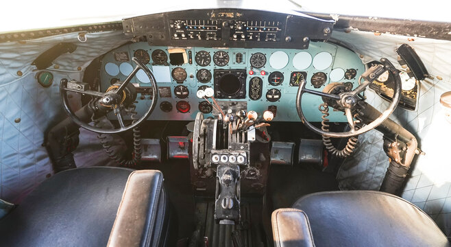Cockpit of old aircraft Douglas DC-3 Dakota also known as C47.