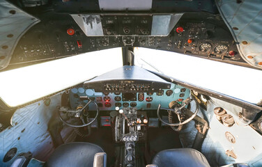 Cockpit of old aircraft Douglas DC-3 Dakota also known as C47.