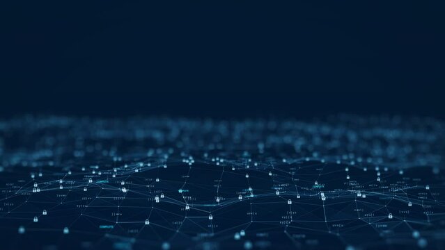 Cybersecurity and digital data protection technology concept. A small binary padlock polygon with slow-moving connections with a dark background.
