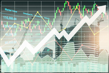 Stock financial investment index data blurry and bright background of successful investment on preperty development with onsite building construction  background.