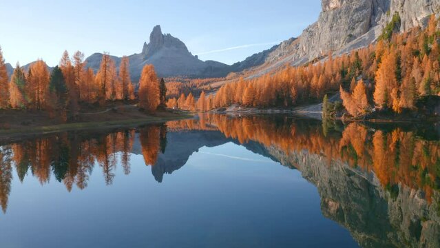 4k drone flight moving to the side footage (Ultra High Definition) of popular tourist destination - Federa lake among red larch trees. Spectacular sunrise in Dolomite Alps. Autumn in Italy.