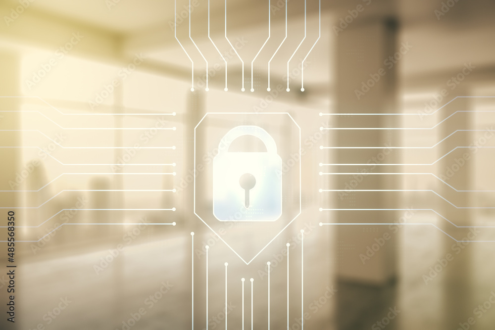 Poster double exposure of virtual creative lock hologram with chip on empty modern office background. infor